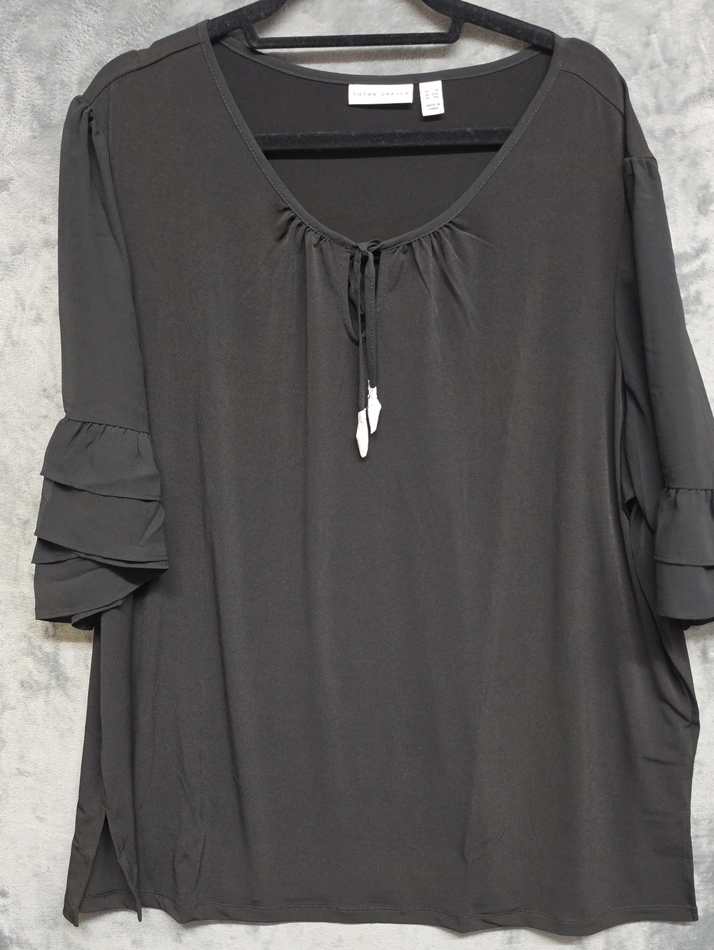 Susan Graver Black Ruffle-Sleeve Tie-Neck Tunic Sz 3X